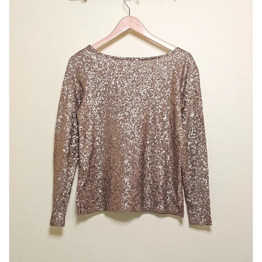 J.Crew Taupe Bronze Sequin Long Sleeve Blouse Top Size XS
